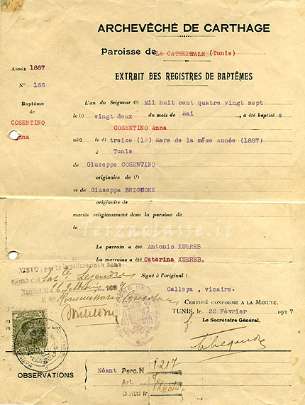 Certificato di battesimo - Tunisi