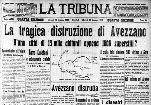 Il quotidiano La Tribuna con la notizia del terremoto di Avezzano