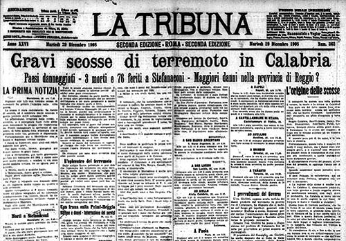 Il quotidiano La Tribuna con la notizia del terremoto di Reggio di Calabria e Messina